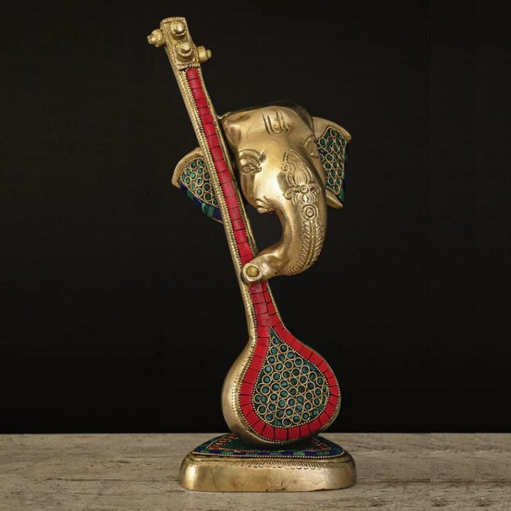 Antique Veena Brass Ganesha Statue Idol Sculpture