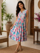 Baby Blue Pink Floral Midi Dress
