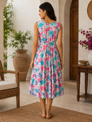 Baby Blue Pink Floral Sleeveless Midi Dress