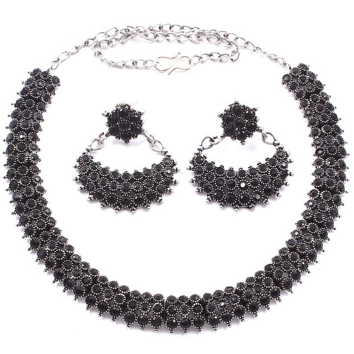 Black Silver Choker Necklace Earring Fashion Jewelry Set