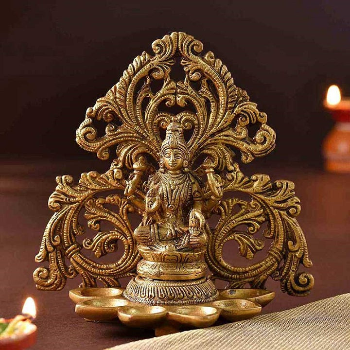 Antique Wall Hanging Brass Lakshmi Oil Diya Jali Lamp 7"