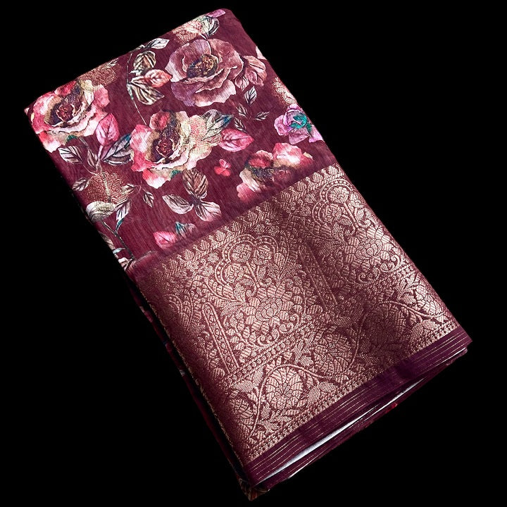 Chanderi Cotton Brown Floral Printed Fancy Saree