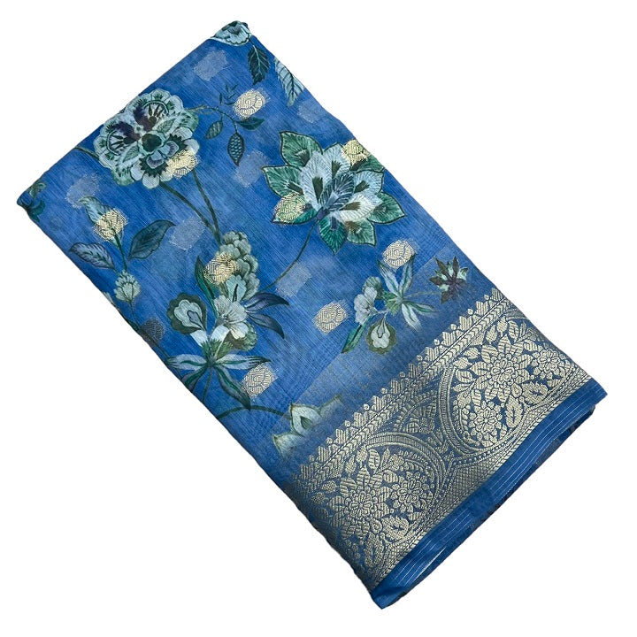 Chanderi Cotton Denim Blue Floral Printed Fancy Saree