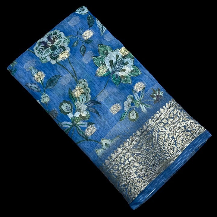 Chanderi Cotton Denim Blue Floral Printed Saree