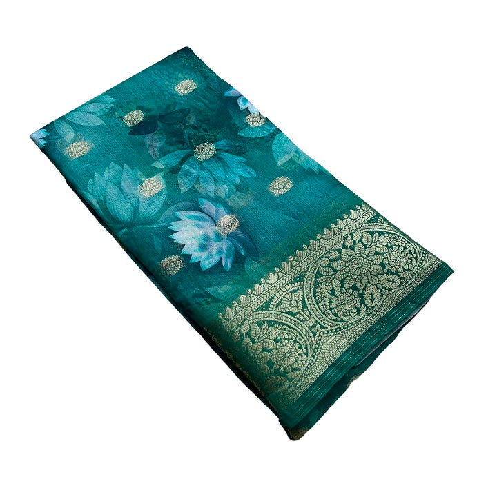 Chanderi Cotton Green Floral Printed Fancy Saree