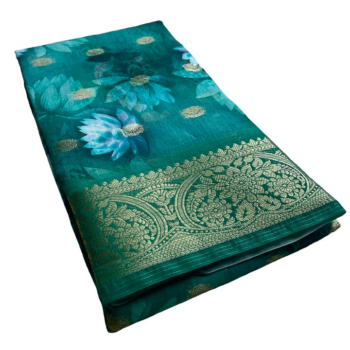 Chanderi Cotton Green Blue Floral Printed Fancy Saree