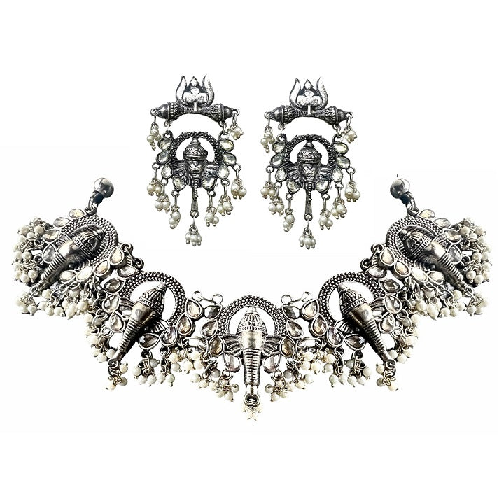 Ganesh Trishul Oxidized Silver Pearl Necklace Choker Jewelry Set