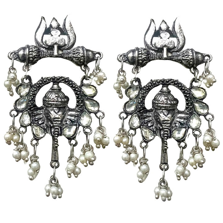 Ganesha Oxidized Silver Pearl Necklace Choker Jewelry Set