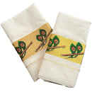 Kerala Kasavu Set Mundu Mundum Neriyathum with Peacock Feather Flute Prints