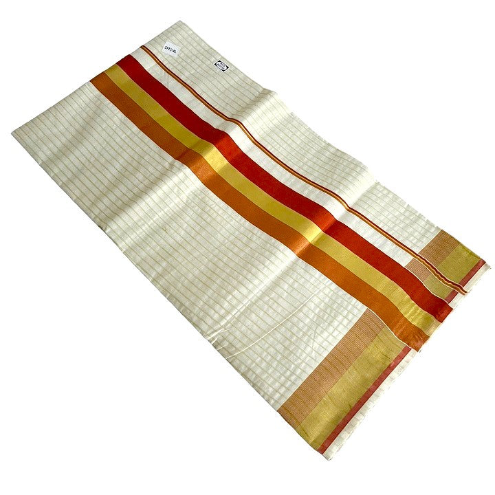 Kerala Traditional Kasavu Set Saree with Stripes Red Border