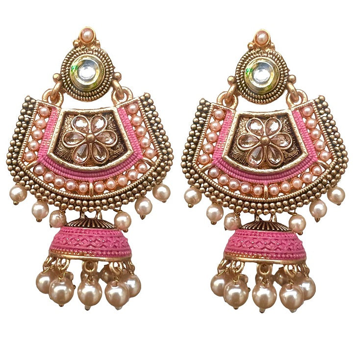 Kundan Meenakari Pearl Floral Ethnic Drop Jhumka Earrings