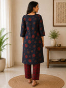 Navy Blue Maroon Floral Kurta Set