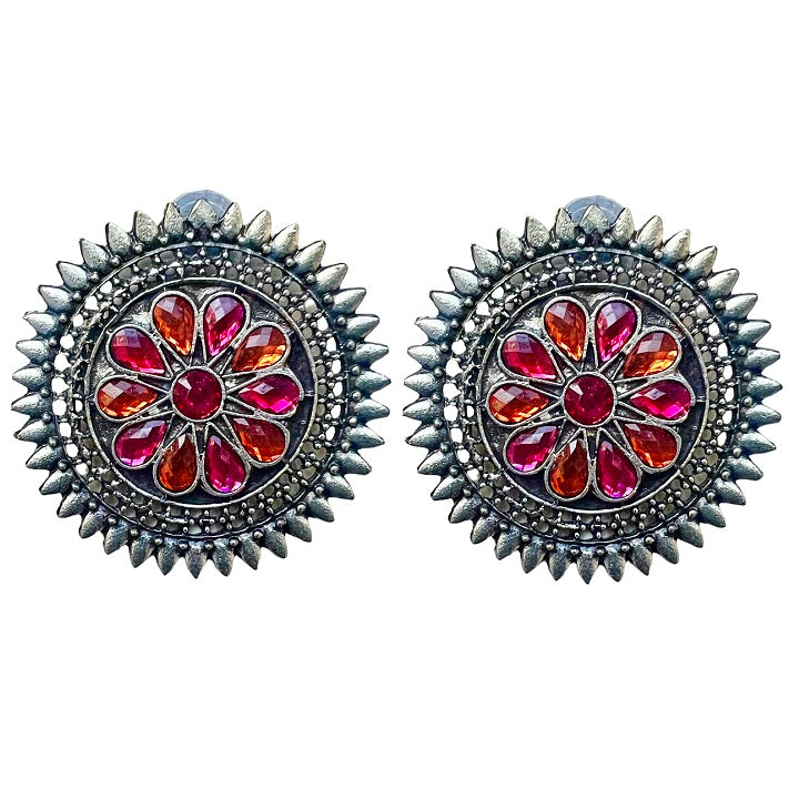 Oxidised Silver Pink Orange Stone Fashion Jewelry Stud Earrings