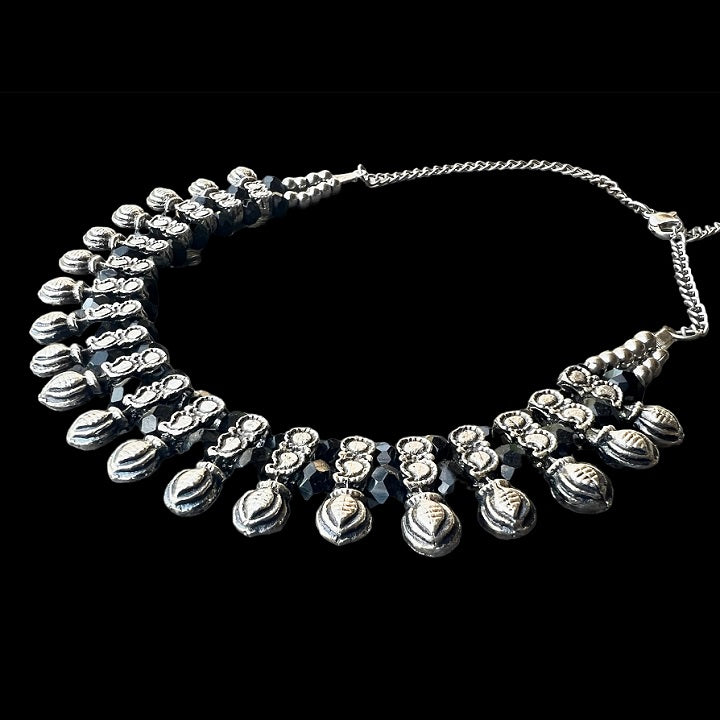 Oxidized Silver Black Beaded Choker Necklace