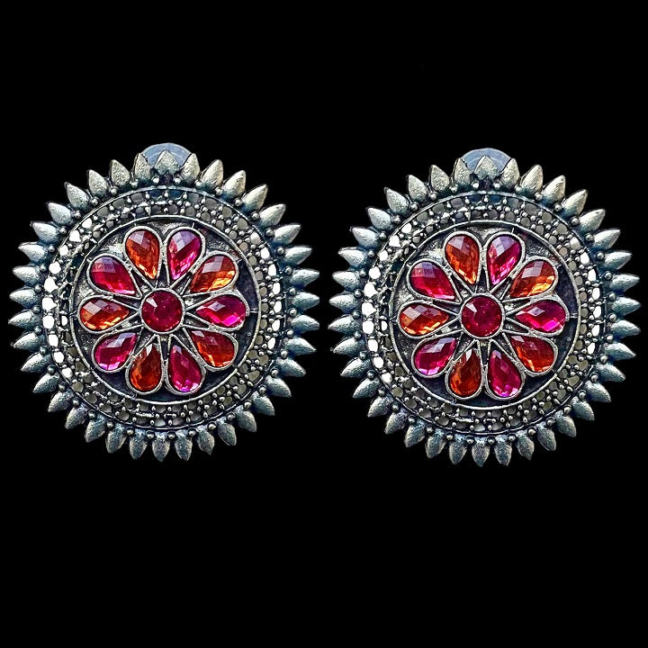 Oxidized Silver Pink Orange Stone Fashion Jewelry Stud Earrings