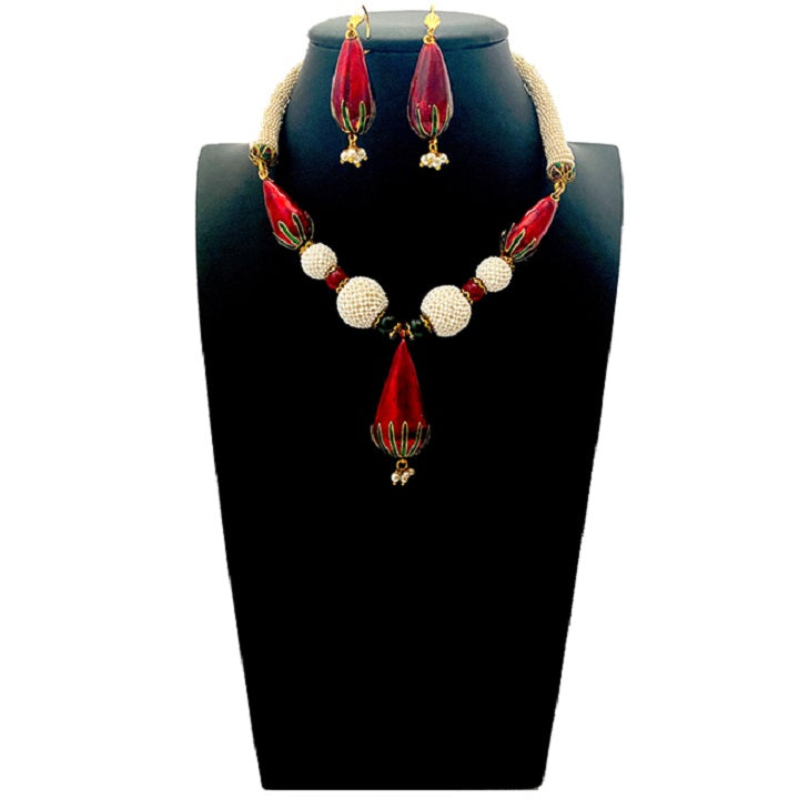 Pearl Meenakari TearDrop Antique Gold Necklace Earring Jewelry Set