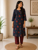 Rich Navy Blue Maroon Floral Kurta Set