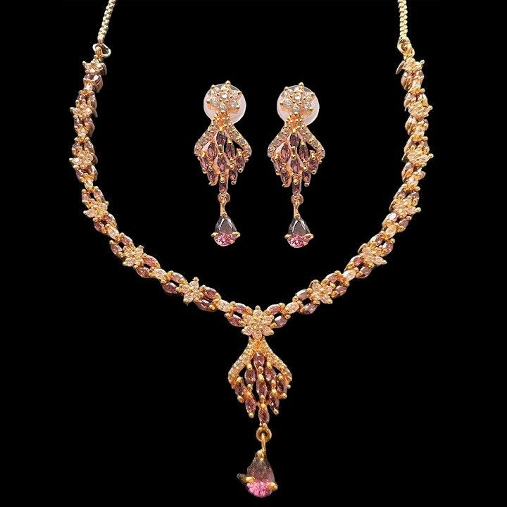 Rose Gold American Diamond Studded Necklace Earring Jewelry Set