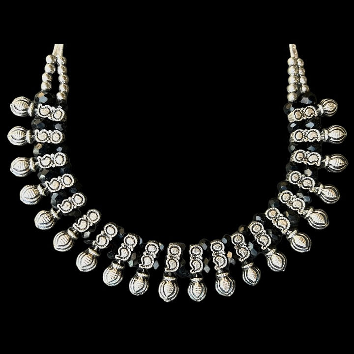 Silver Oxidized Black Beaded Choker Necklace