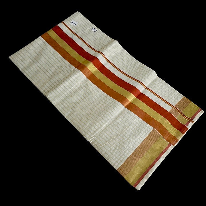 Traditional Kerala Onam Kasavu Set Saree with Stripes Red Border