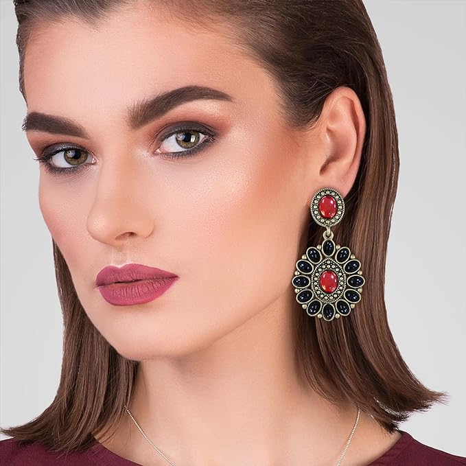 Vintage Black Red Rhinestone Fashion Jewelry Earrings