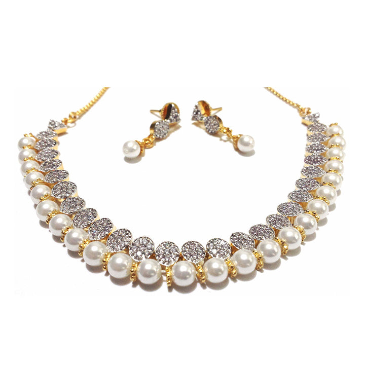 American Diamond Pearl Stone Fashion Jewelry Necklace Earring Set