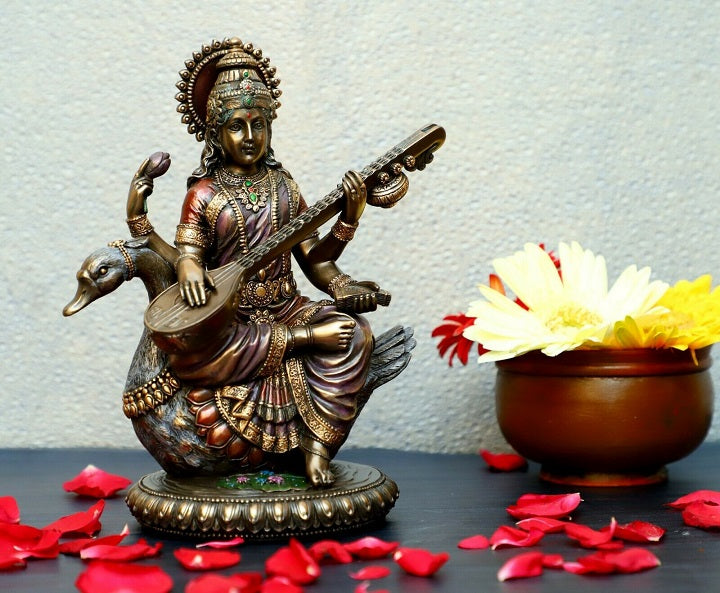 Antique Brass Goddess Saraswati Statue Sculpture Idol