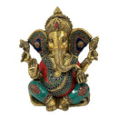 Antique Brass Multicolor Stone Ganesha Statue