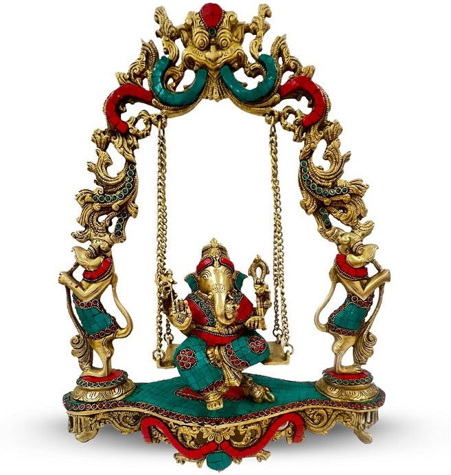 Antique Brass Swinging Ganesha Statue Large Idol Sculpture