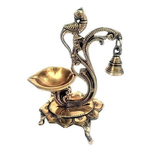 Antique Peacock Brass Oil Lamp Bell Diya Stand
