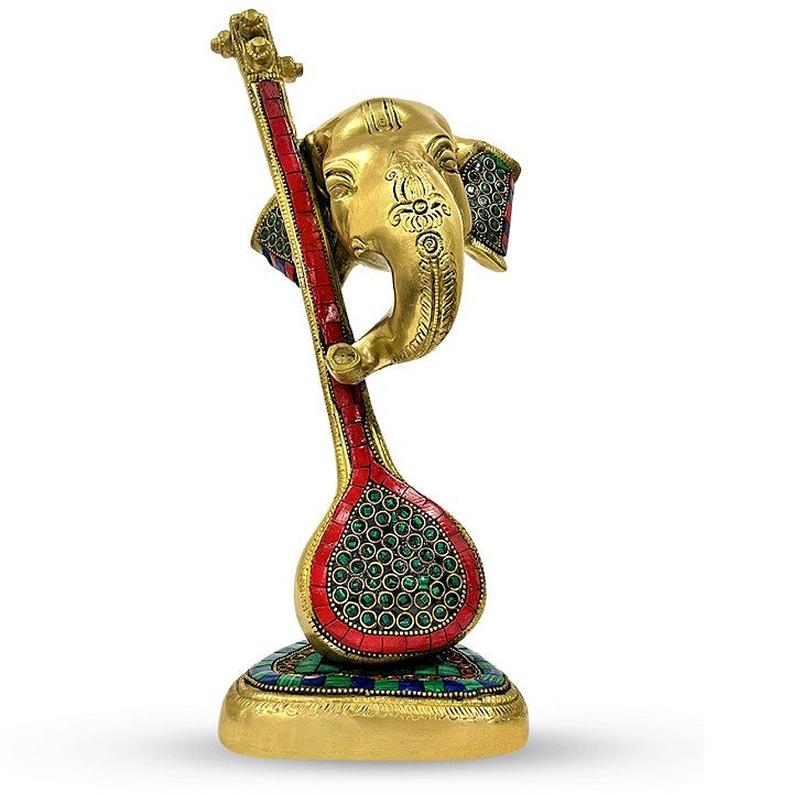 Antique Veena Brass Ganesha Statue Idol Sculpture