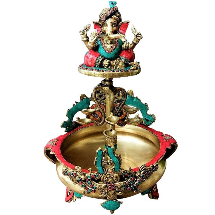 Brass Antique Ganesha Urli Lamp Diya Large Statue Sculpture Idol