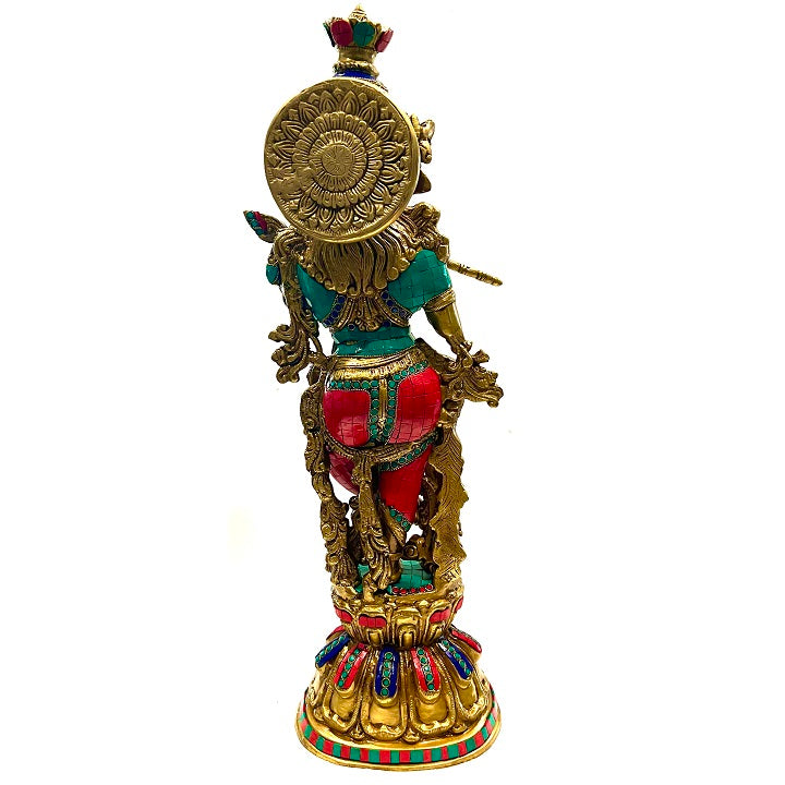 Brass Antique Multicolor Stone Krishna Statue
