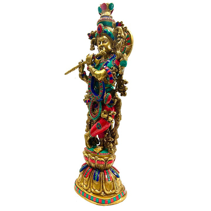 Brass Multicolor Stone Krishna Statue