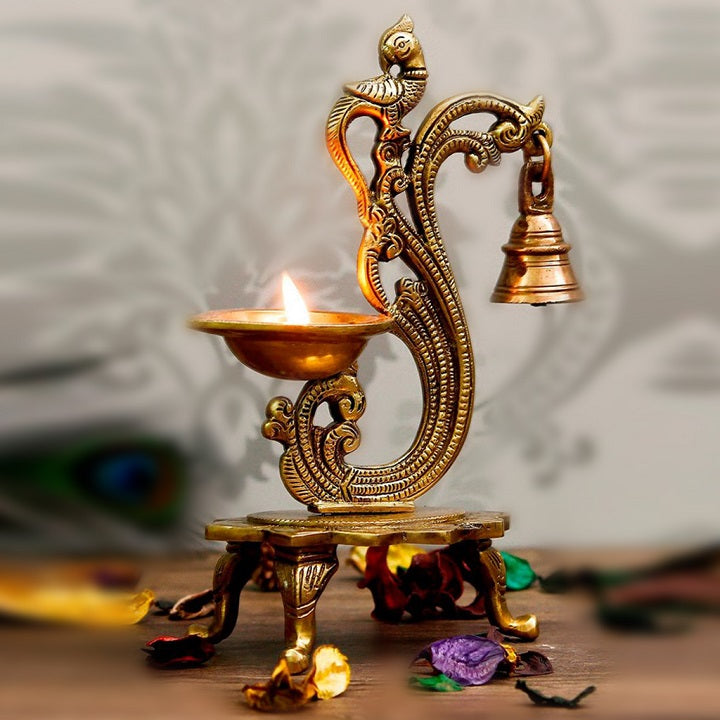 Traditional Peacock Brass Oil Lamp Diya Stand with Bell