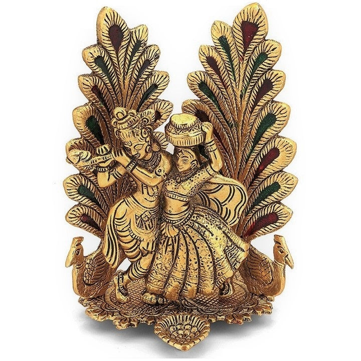 Brass Radha Krishna Peacock Oil Diya Lamp Idol