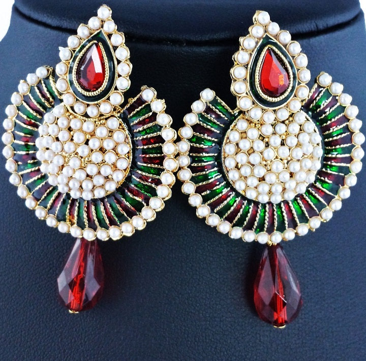 Chandbali Antique Gold Enamel Pearl Fashion Jewelry Earrings
