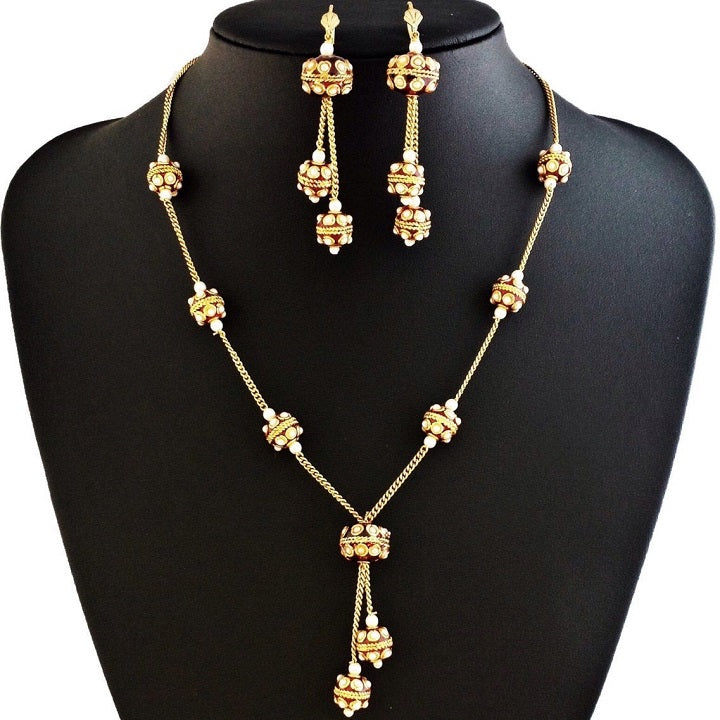Delicate Beaded Gold Fashion Jewelry Necklace Earring Set