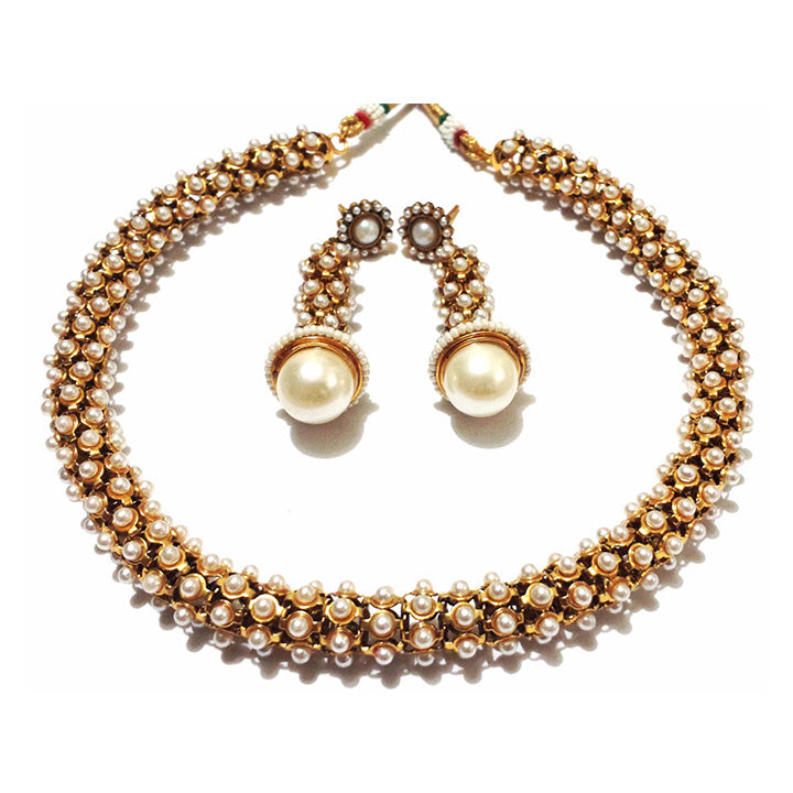 Ethnic White Pearl Antique Gold Jewelry Necklace Earring Set