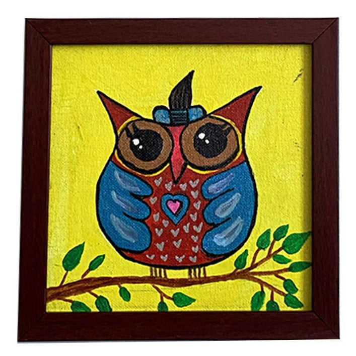 Framed Hand Painted Cute Owl Wall Canvas Art Décor