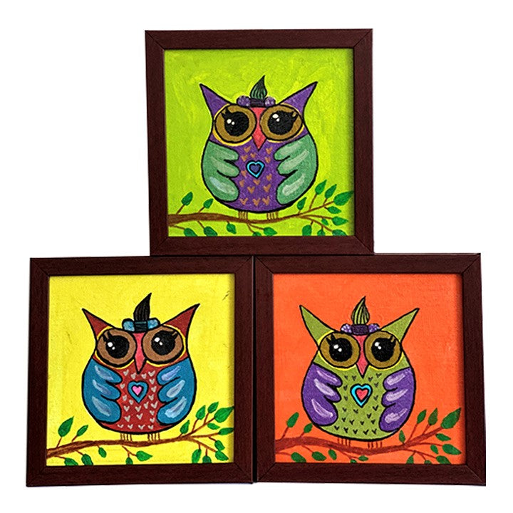 Framed Hand Painted Set of Owl Wall Canvas Art