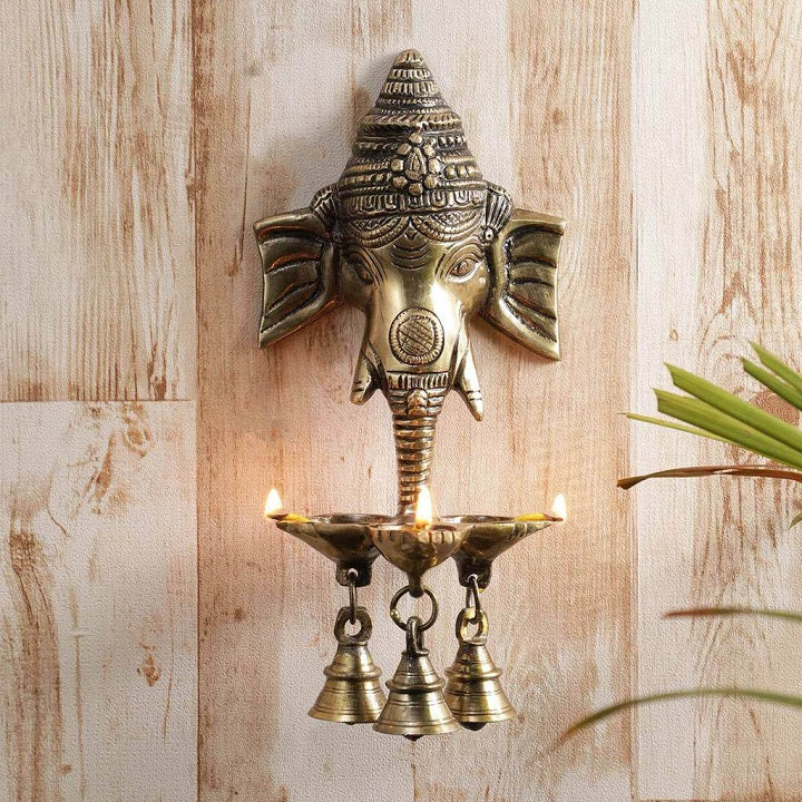 Hanging Brass Ganesha Lamp Diya with Bell