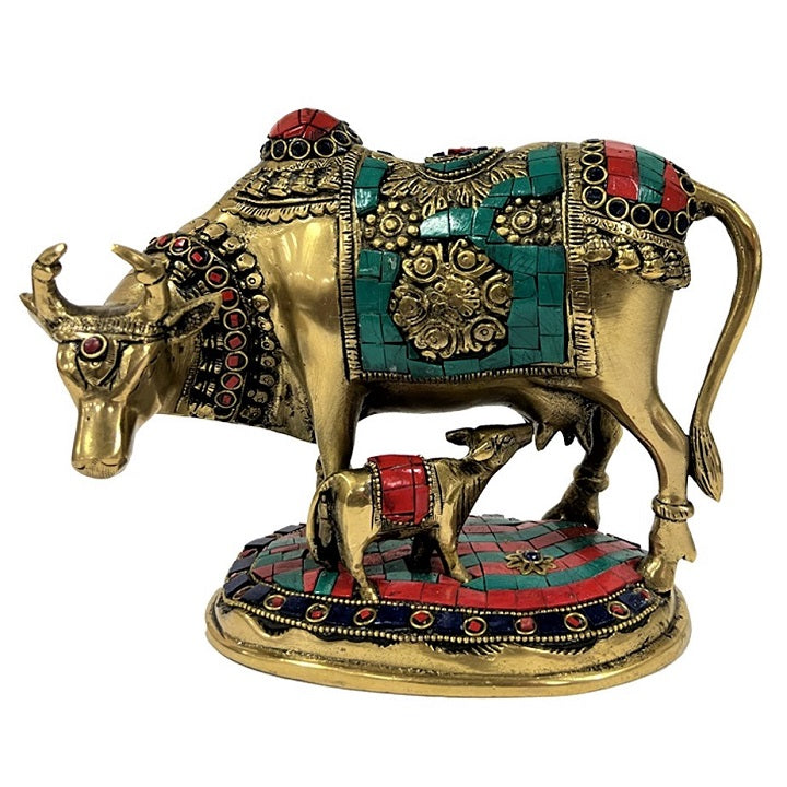 Kamdhenu Antique Brass Nandi Cow and Calf Statue Idol Sculpture