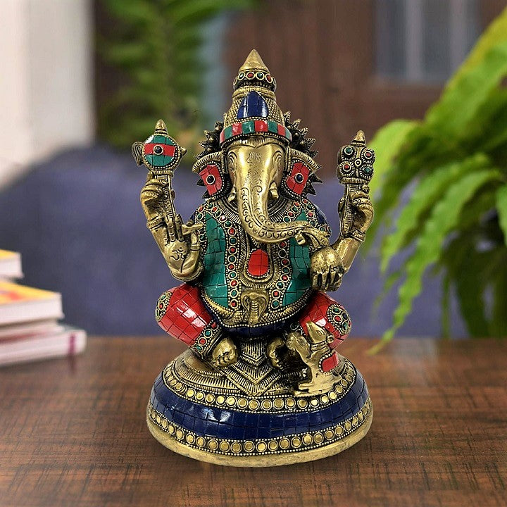 Multicolor Stone Antique Brass Ganesha Idol