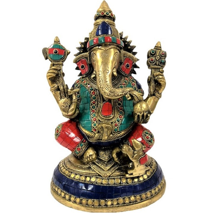 Multicolor Stone Antique Brass Ganesha Statue Idol Sculpture