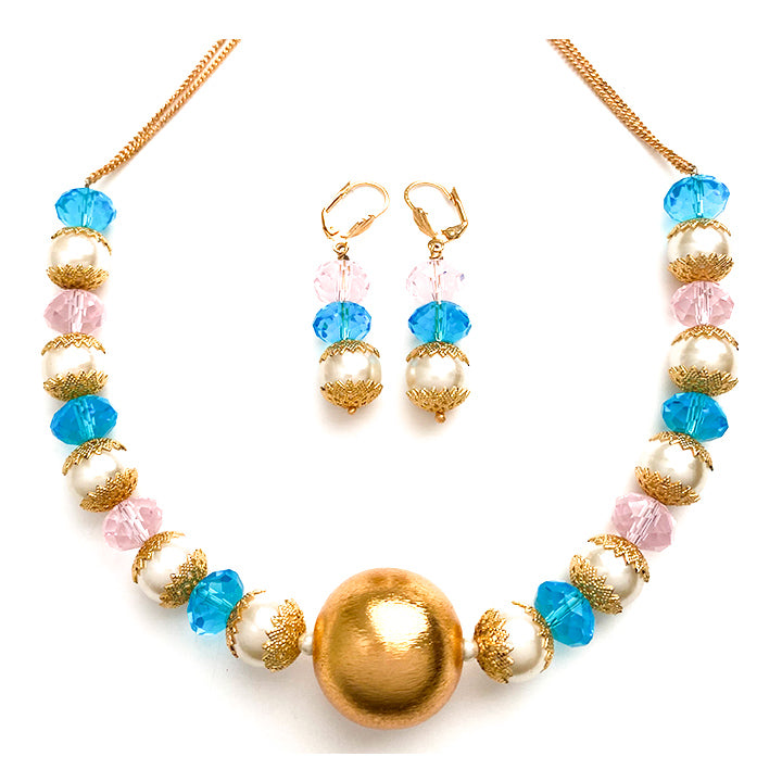 Pearl Crystal Beaded Gold Fashion Jewelry Necklace Earring Set