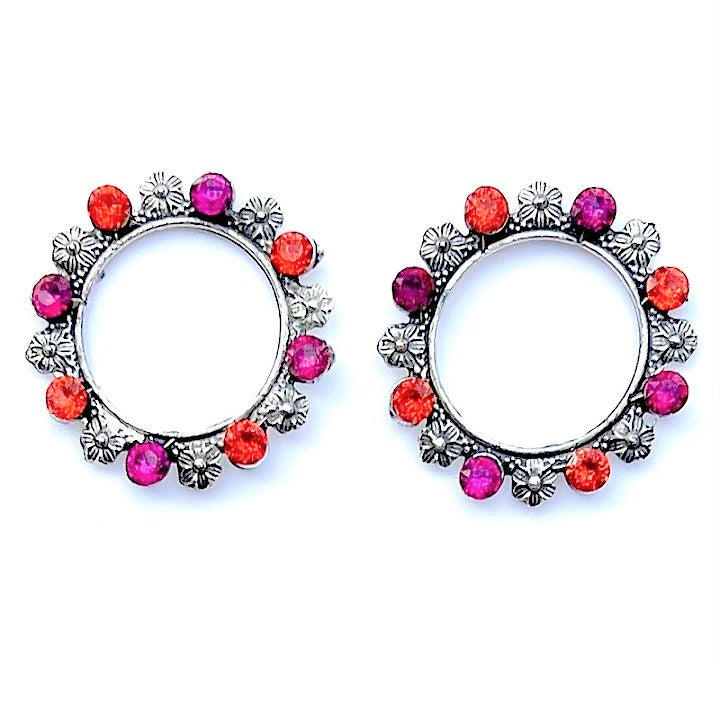 Pink Orange Stone Silver Oxidized Fashion Jewelry Stud Earrings