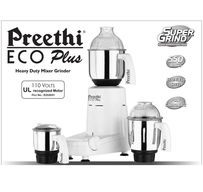 110 Volts Preethi Eco Preethi ECO PLUS Mixer Grinder 110V 550Watts
