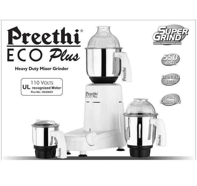  Preethi Eco Plus Mixer Grinder 110-Volt for use in USA/Canada,  white, 3-jar: Home & Kitchen