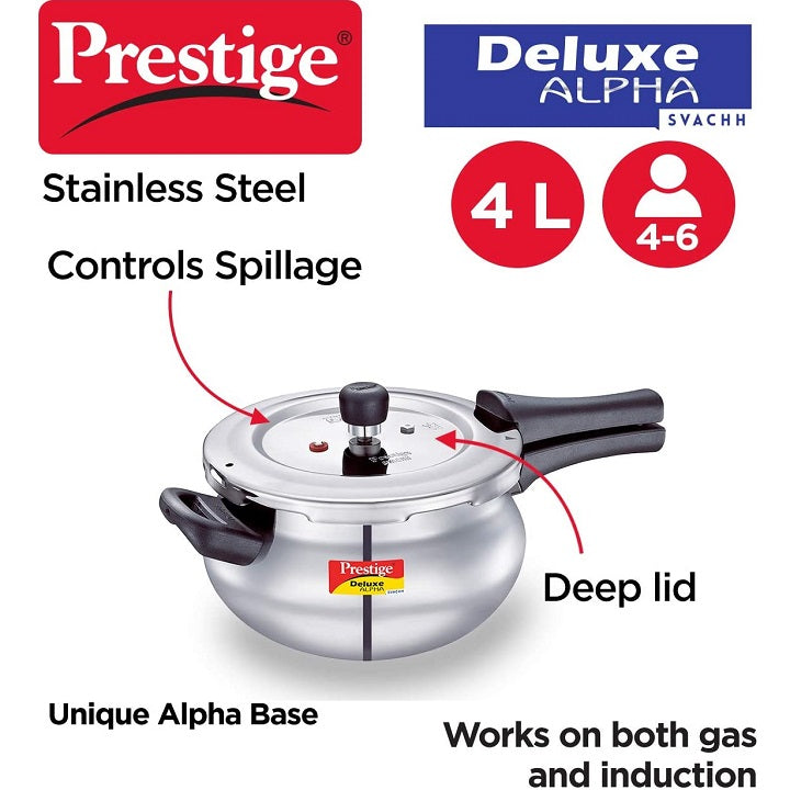 Prestige 4L Alpha Deluxe Induction Base Stainless Steel Pressure Cooker,  4.0-Liter , Silver
